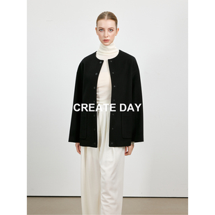 CREATE DAY ROW风 10%山羊绒半精纺 C*line小香风绵羊毛外套女冬