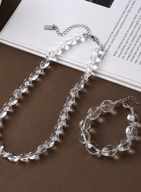 不规则透明白水晶项链女夏轻奢小众设计高级感玻璃锁骨链手链套装