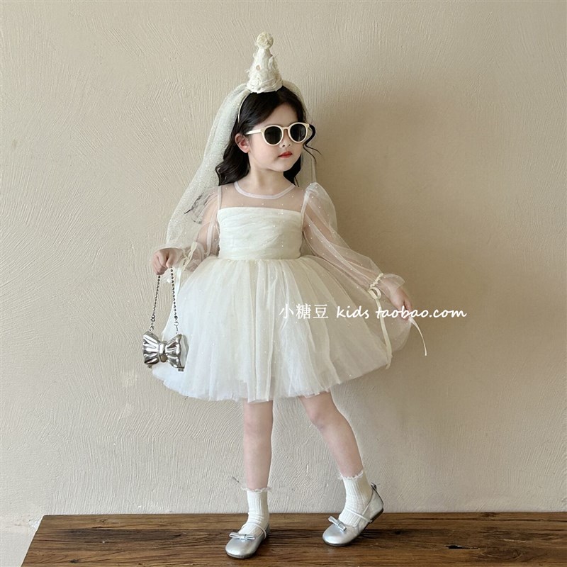 女童泡泡袖闪闪纱裙连衣裙2025春夏新款女孩长袖仙女裙生日公主裙