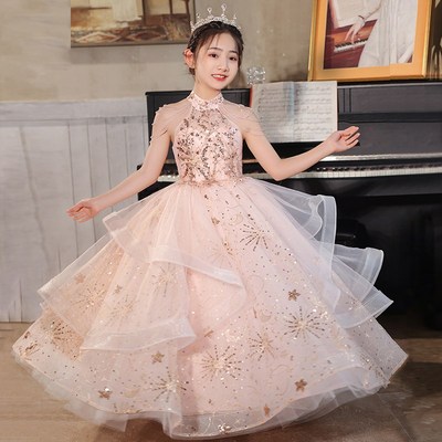 高端儿童晚礼服女童公主裙粉色花童小女孩高级主持人钢琴演出服夏