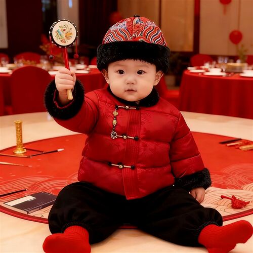 马年男童拜年服2026新款儿童唐装冬季棉衣宝宝抓周岁礼服过年喜庆