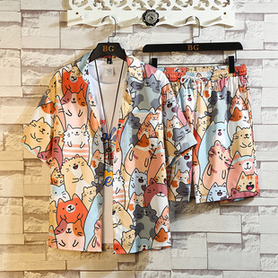 日系炸街海边情侣沙滩套装 休闲夏威夷衬衫 潮流宽松短袖 夏季 男 短裤