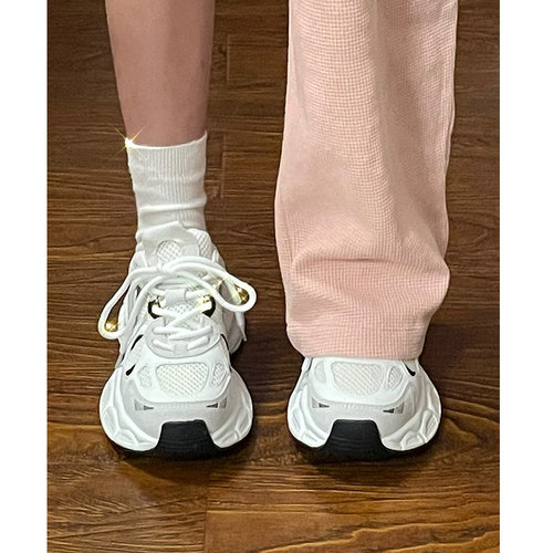 牛皮版!白色复古时尚厚底老爹鞋女百搭真皮透气系带休闲运动鞋