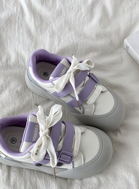 喜叔 紫色小众丑萌圆头板鞋女2025春季新款厚底面包鞋休闲小白鞋