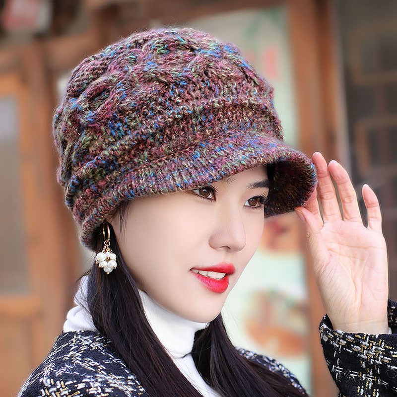 女版秋冬款加绒加厚羊毛针织毛线鸭舌帽骑车逛街保暖帽妈妈中老年