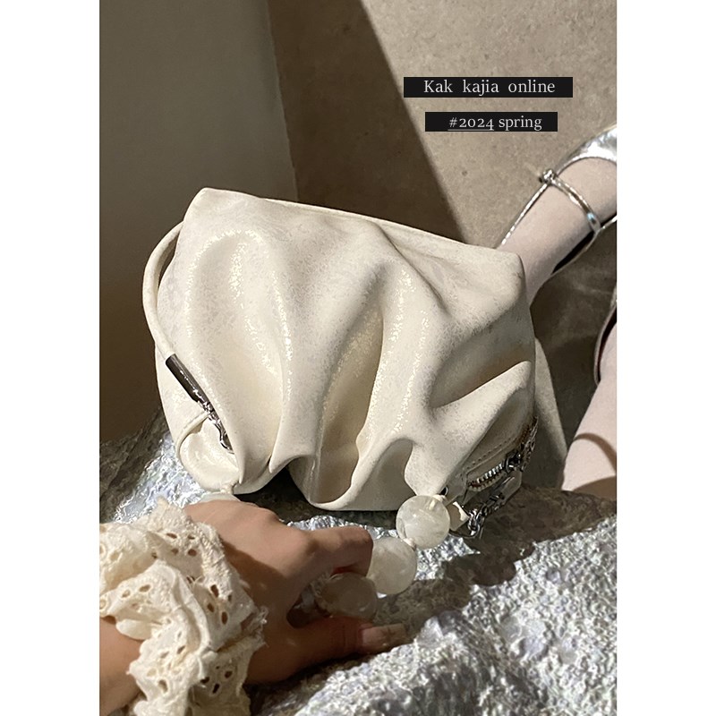 新中式珍珠手提包包m女2024新款潮国风云朵包百搭链条斜挎水桶包