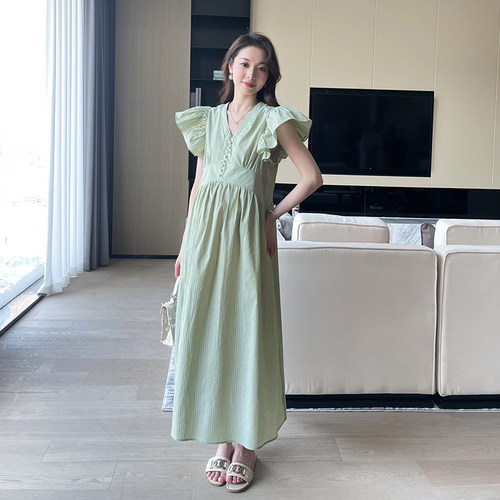孕妇连衣裙夏装2024新款高级感V领纯棉夏季长裙宽松无袖女孕妇装