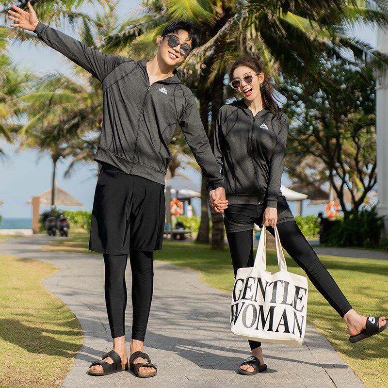 潜水服情侣加肥加大码分体胖M男女长袖沙滩泳装防晒游泳衣水母服