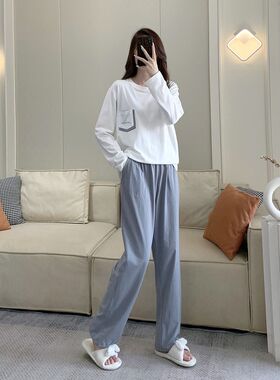 秋天情侣款家居服套装加长版高个子女生175睡衣一套纯棉针织棉
