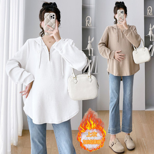 大尺码孕妇装秋冬加绒卫衣短款连帽小个子套头长袖上衣女宽松200