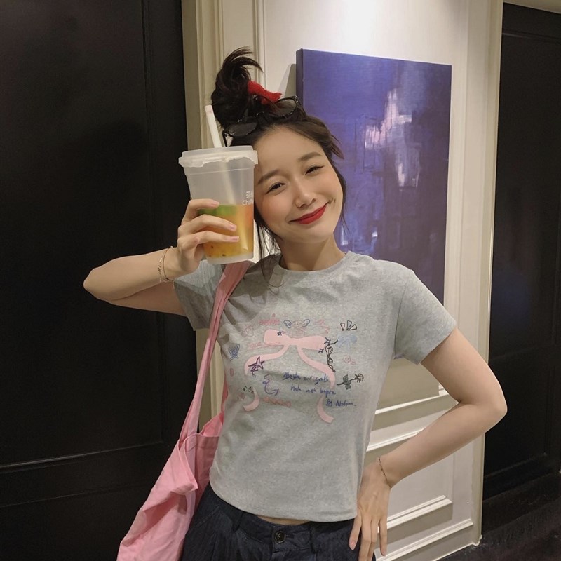 徐蹦蹦 美式街头风 韩版夏季修身显瘦弹力印花短袖T恤女甜酷上衣