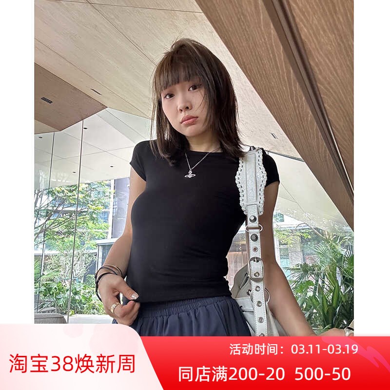 Our2正肩短袖t恤女2024夏季B修身显瘦纯棉圆领辣妹紧身打底衫上衣