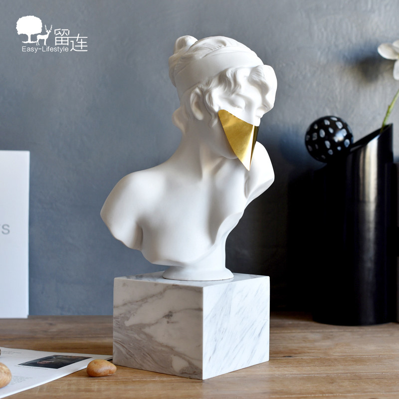 轻奢北欧金色面罩白色少女雕像摆件雕塑大理石底座样板间软装饰品,家居饰品,装饰摆件,淘宝优惠券,粉丝福利购,淘宝优惠卷