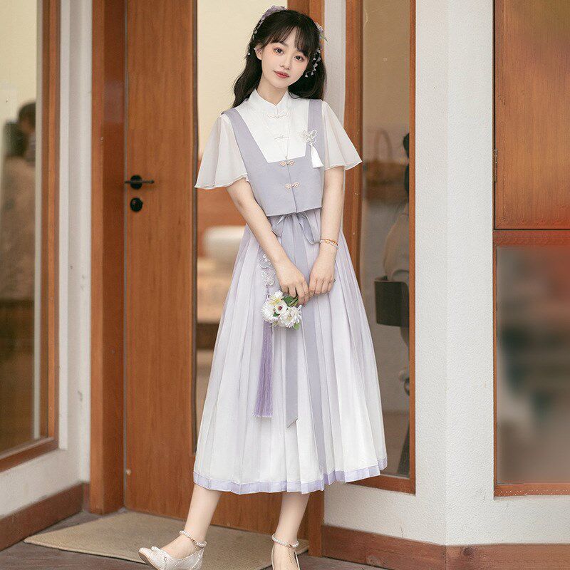 民国风夏季改良旗袍m连衣裙马甲套装国风减龄少女气质学院风长裙