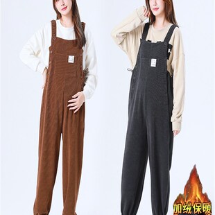 大码孕妇背带裤秋冬季欧棉绒加绒加厚抽绳收腰束脚连体长裤200斤