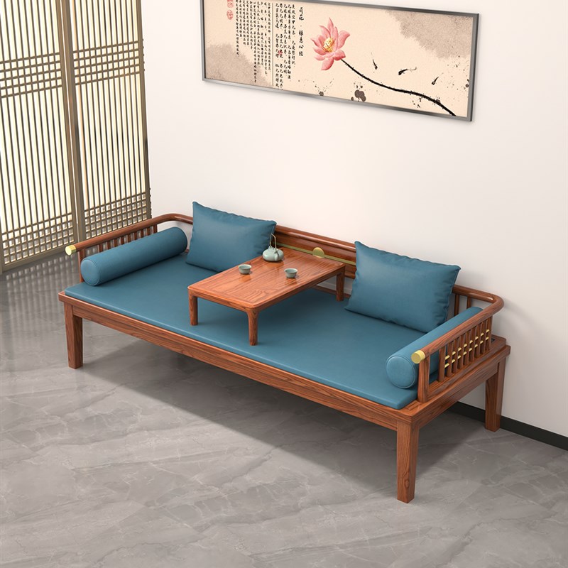 乌金木沙发床两用罗汉床新实木老榆木小户型推拉床茶桌椅