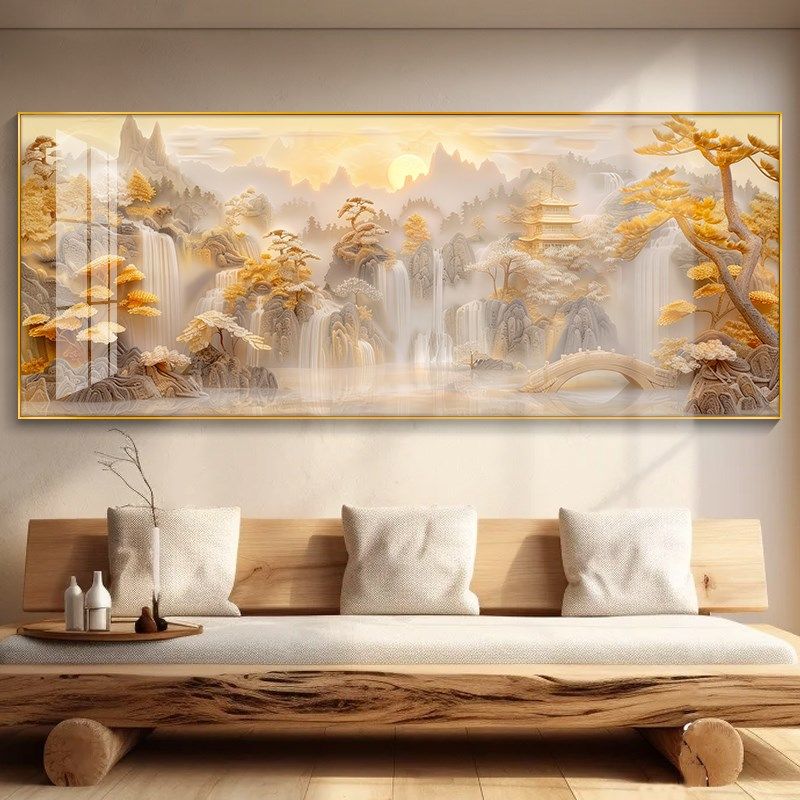 石纹立体山水画客厅挂画沙发背景墙装饰画流水生财酒店包间风景画