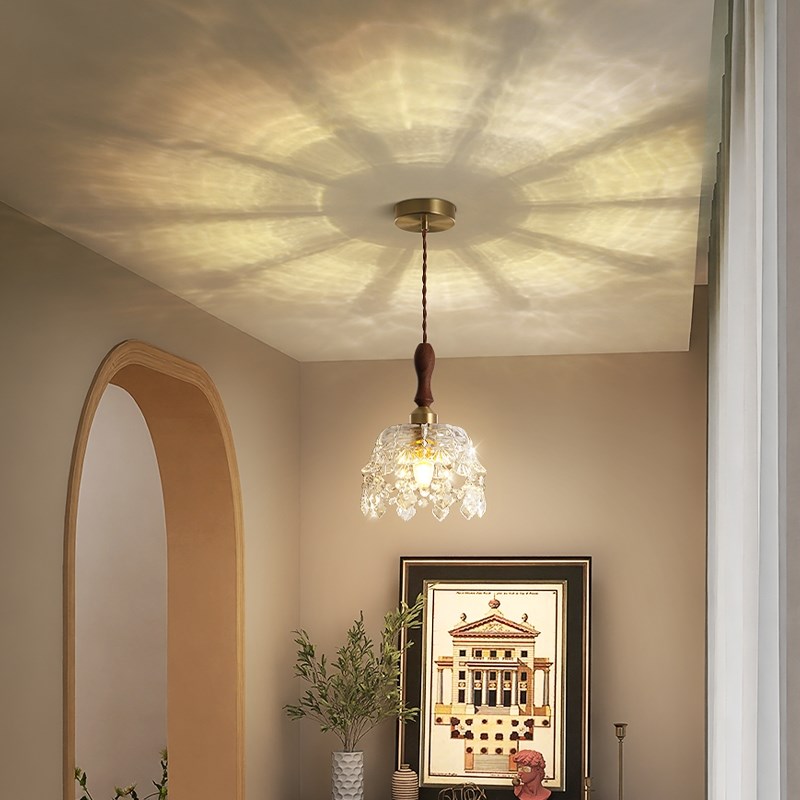 法式水晶卧室床头小吊灯全黄铜复古书房过道玄关吧台玻璃餐厅吊灯