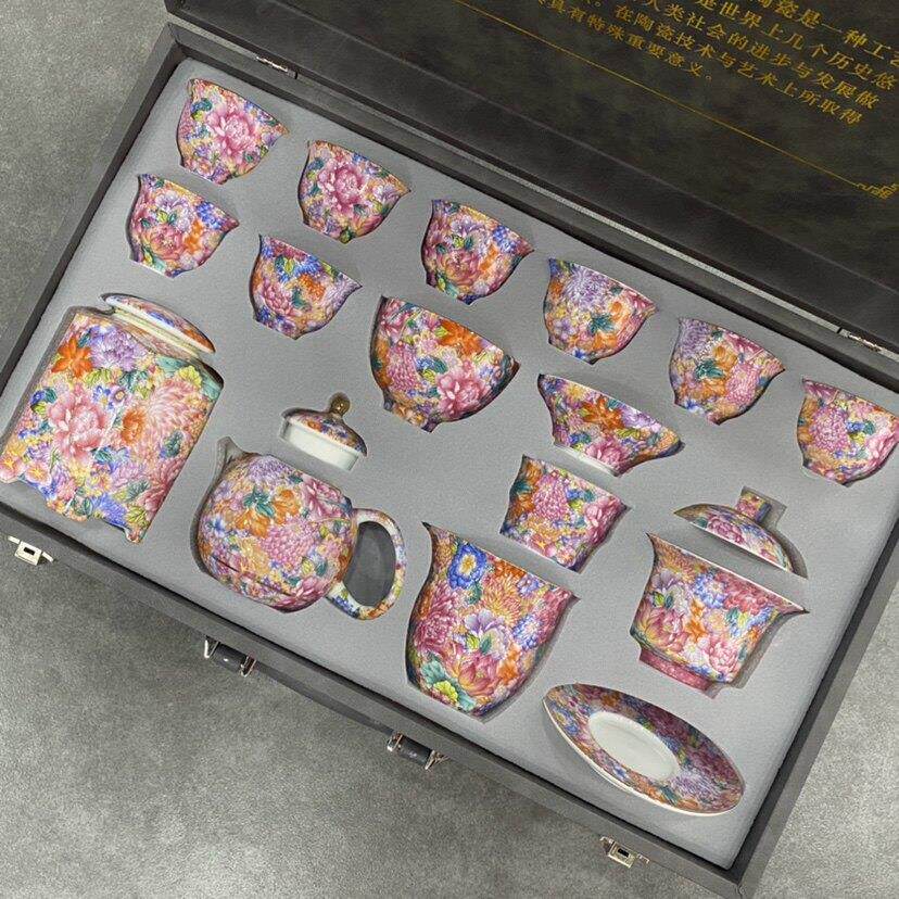 珐瑯彩万花功夫茶具套组家用办公室泡茶壶盖碗茶杯轻奢高档礼盒装