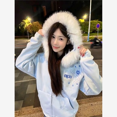 雪花字母刺绣连帽卫衣开衫外套女2025新款秋冬加绒加厚拉链外套