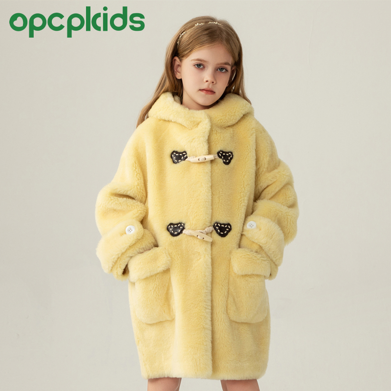 OPCP秋冬季全羊毛一体女童装男宝宝中大儿童羊羔毛皮草外套中长款
