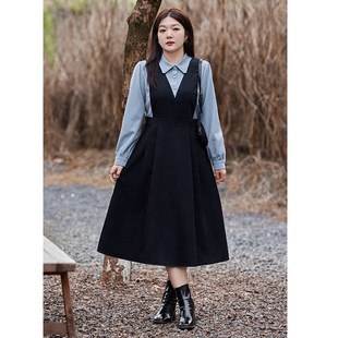 冬季新款大码女装假两件套连衣裙气质胖MM显瘦遮肚子收腰A字长裙