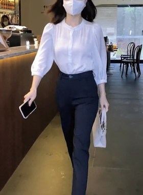 轻熟风女装职业套装女港味时尚气质百搭衬衫黑色九分西装裤两件套