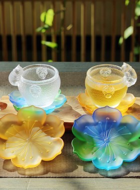 琉璃莲花茶杯杯托茶托高端彩色茶垫杯垫摆件底座绿色茶杯垫果盘垫