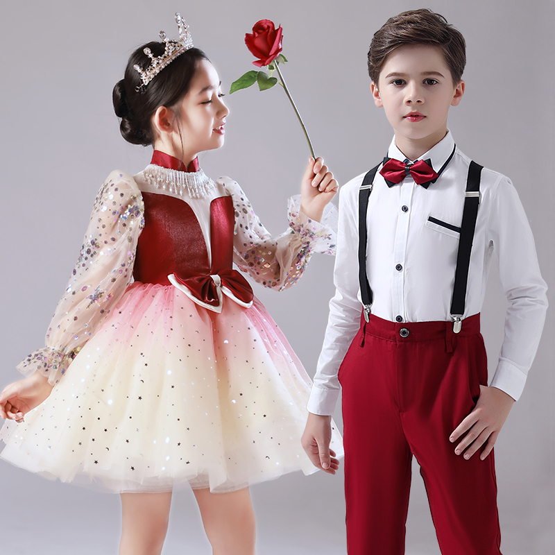 儿童合唱演出服男女童红色元旦主持人礼服中小学生表演服装公主裙