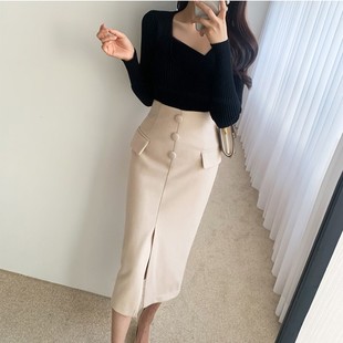 半身裙女秋冬2021秋季新款冬天毛呢裙子中长款黑色半裙高腰包臀裙