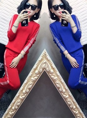 大码胖mm秋冬毛衣针织套装显瘦女装长袖胖妹妹休闲裤两件套装时尚