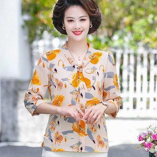千丝鹿中年妈妈夏装上衣洋气中老年女装短袖新款雪纺衫中袖t恤