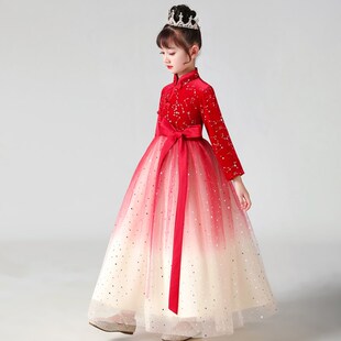 女童旗袍公主裙冬季走秀表演古筝演出服儿童主持人中国风礼服秋冬