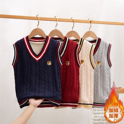 新款秋冬款无袖中大童V领毛衣马甲儿童装针织纯棉毛线衫加绒背心