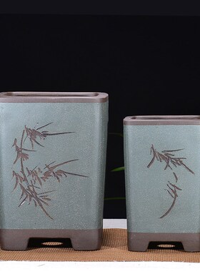 宜兴特大四方签筒紫砂花盆兰花盆君子兰仿古客厅阳台陶瓷方盆包邮