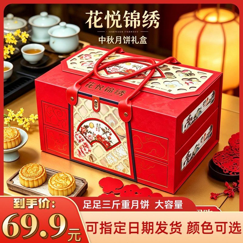 中国红月饼礼盒中秋送礼双层大容量送礼传统广式五仁蛋黄糕点
