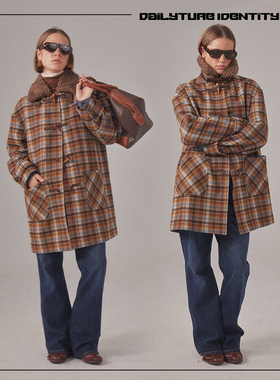 DID DAILY:Cassia 复古初剪羊毛色织彩色格纹翻领牛角扣大衣