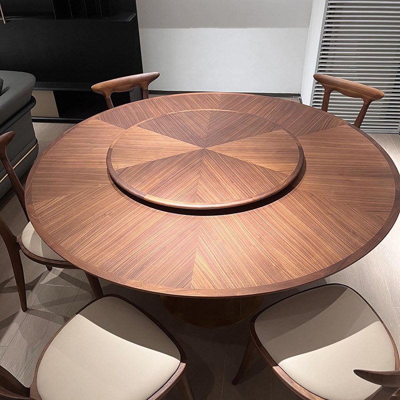 餐桌现代简约轻奢胡桃木新中式圆桌客厅家用圆形实木餐桌转盘桌子