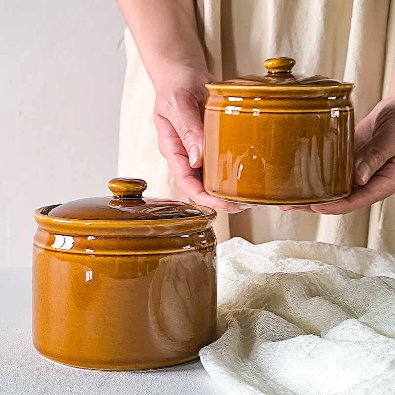 复古家用陶瓷调料罐厨房专用油缸带盖储物罐隔水炖盅猪油罐微瑕