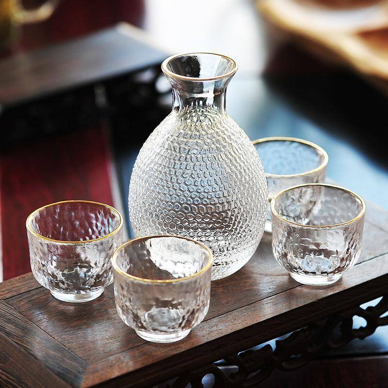 日式清酒壶套装玻璃黄酒温酒器烫酒壶家用一两白酒杯咖啡锤纹ins