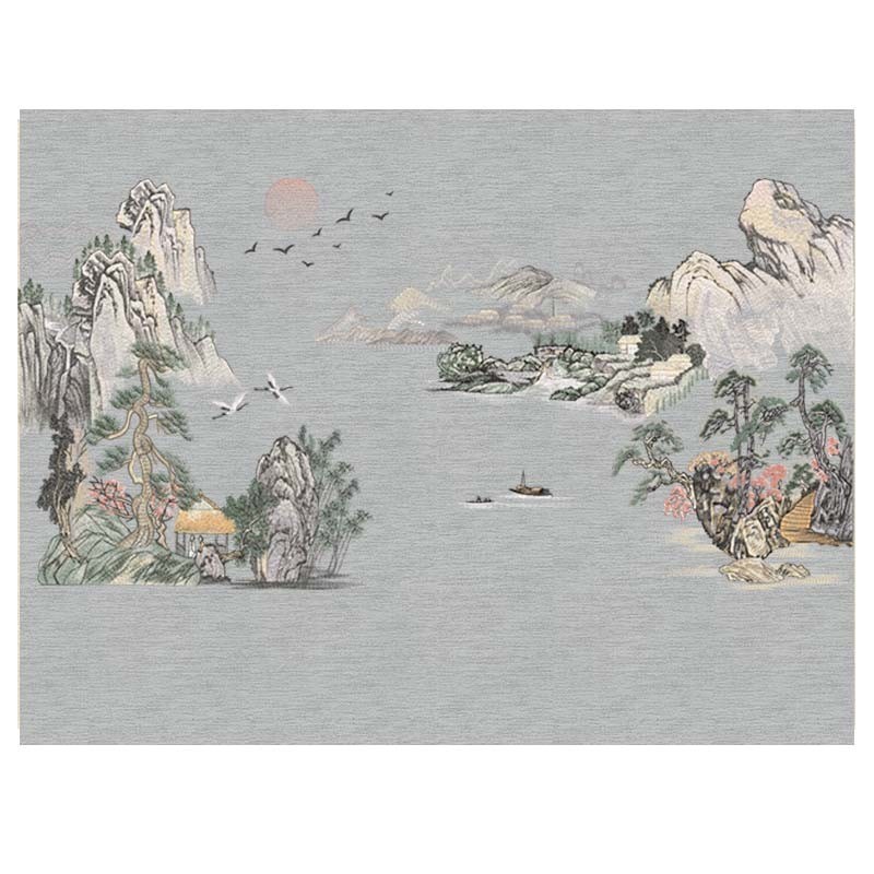 无缝独绣刺绣山水现代山水客厅电视沙发背景壁布壁画