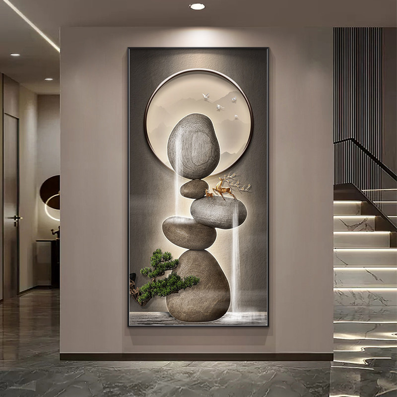 石来运转玄关装饰画竖侘寂风福鹿壁画流水生财入户走廊过道挂画