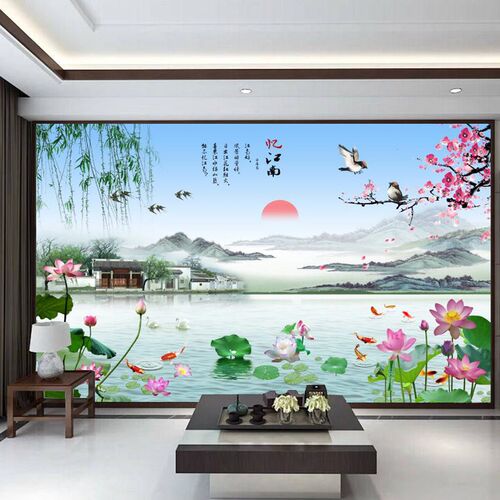电视背景墙布D立体无缝壁画山水画荷鸟客厅沙发墙壁纸江南风景