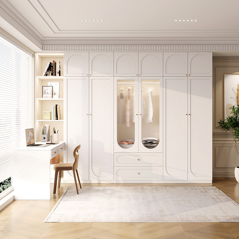 法式奶油风儿童衣柜书桌一体家用卧室储物柜实木定制转角组合书柜