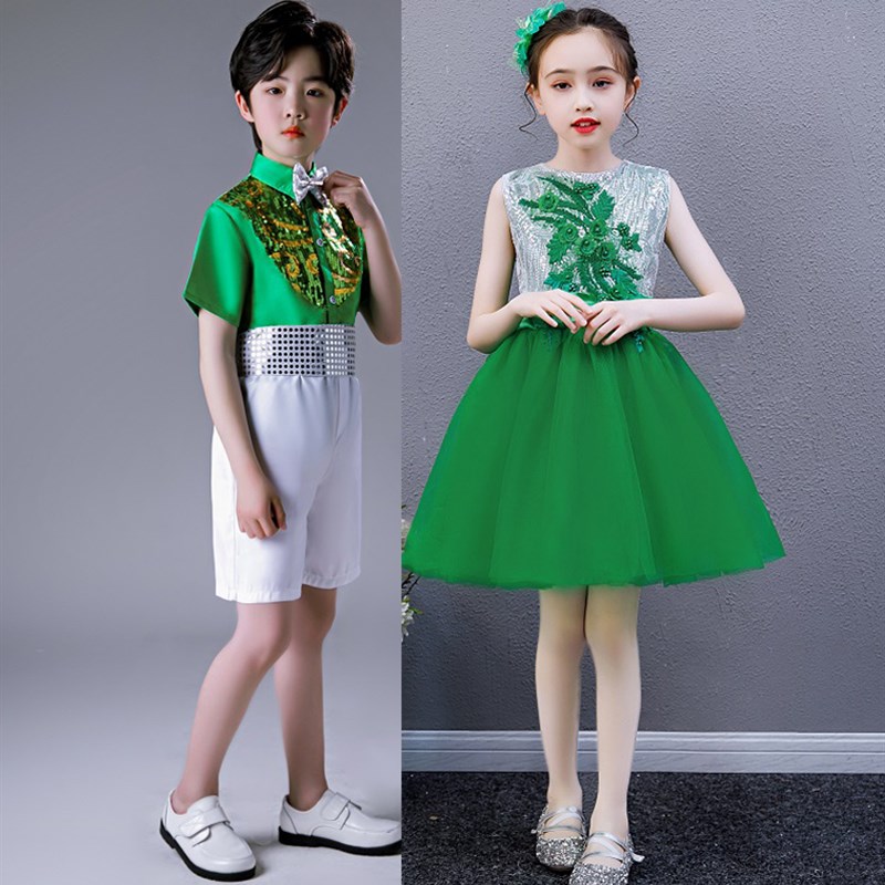 六一儿童演出服蓬蓬裙纱裙幼儿园舞蹈服男女孩儿童节少儿表演绿色