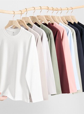 SHAPOES男生重磅新疆纯棉长袖t恤男士圆领宽松上衣情侣白色打底衫