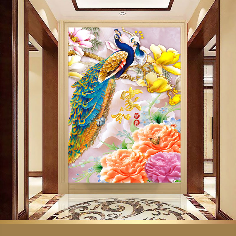 欧式3d立体墙贴墙纸自粘金孔雀屏风玄关装饰画走廊背景墙防水贴画图片