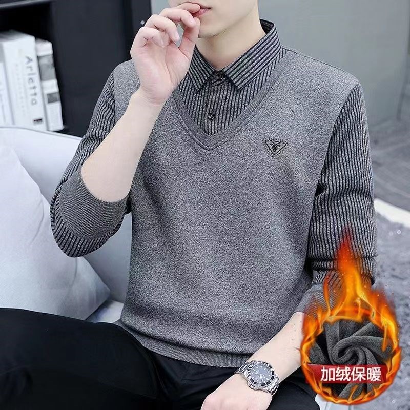 新款假两件长袖卫衣加绒加厚针织衫毛衣男衬衫领中老年套头打底衫