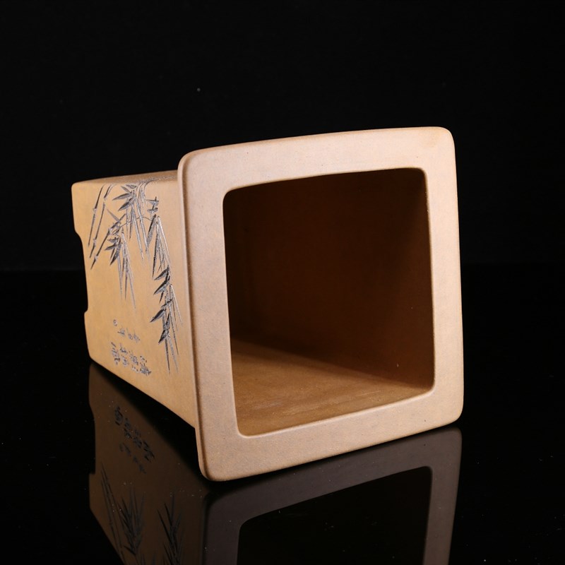 新款精品段泥柴柴烧名家秦夕洪四方宽口飘口签筒紫砂兰花盆景盆