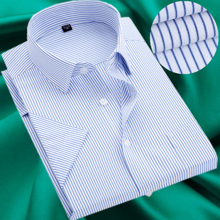 男士 夏季 商务职业白底蓝色条纹工装 打底衫 短袖 衬衣加肥加大码 衬衫